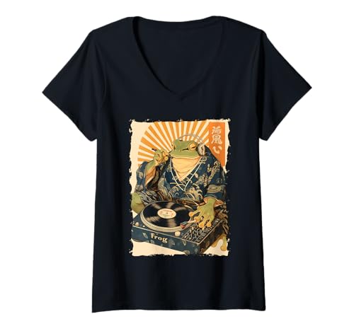 Damen DJ Frosch Ukiyoe - Kanji Japanische Ästhetik T-Shirt mit V-Ausschnitt Damen DJ Frosch Ukiyoe - Kanji Japanische Ästhetik T-Shirt mit V-Ausschnitt von Frogcore Kimono Lofi Anime Geschenk Ästhetik