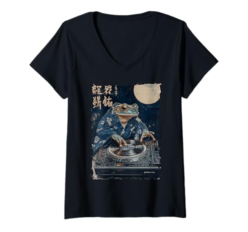 Damen DJ Frosch Ukiyoe - Kanji Japanische Ästhetik T-Shirt mit V-Ausschnitt Damen DJ Frosch Ukiyoe - Kanji Japanische Ästhetik T-Shirt mit V-Ausschnitt von Frogcore Kimono Lofi Anime Geschenk Ästhetik