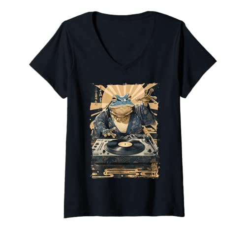 Damen DJ Frosch Ukiyoe - Kanji Japanische Ästhetik T-Shirt mit V-Ausschnitt Damen DJ Frosch Ukiyoe - Kanji Japanische Ästhetik T-Shirt mit V-Ausschnitt von Frogcore Kimono Lofi Anime Geschenk Ästhetik