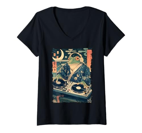 Damen DJ Frosch Ukiyoe - Kanji Japanische Ästhetik T-Shirt mit V-Ausschnitt Damen DJ Frosch Ukiyoe - Kanji Japanische Ästhetik T-Shirt mit V-Ausschnitt von Frogcore Kimono Lofi Anime Geschenk Ästhetik