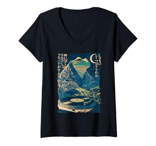 Damen DJ Frosch Ukiyoe - Kanji Japanische Ästhetik T-Shirt mit V-Ausschnitt Damen DJ Frosch Ukiyoe - Kanji Japanische Ästhetik T-Shirt mit V-Ausschnitt von Frogcore Kimono Lofi Anime Geschenk Ästhetik