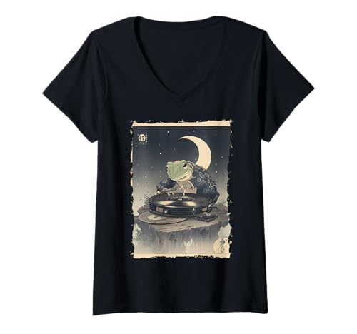 Damen DJ Frosch Ukiyoe - Kanji Japanische Ästhetik T-Shirt mit V-Ausschnitt Damen DJ Frosch Ukiyoe - Kanji Japanische Ästhetik T-Shirt mit V-Ausschnitt von Frogcore Kimono Lofi Anime Geschenk Ästhetik