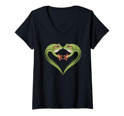 Damen Frösche Herzförmig Frosch Kröte T-Shirt mit V-Ausschnitt Damen Frösche Herzförmig Frosch Kröte T-Shirt mit V-Ausschnitt von Frogs Frog Lover Gifts