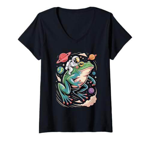 Damen Frosch Astronaut Frösche Planeten Sonnensystem T-Shirt mit V-Ausschnitt Damen Frosch Astronaut Frösche Planeten Sonnensystem T-Shirt mit V-Ausschnitt von Frogs Frog Lover Gifts