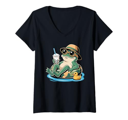 Damen Frosch Boba Perle Milchtee Frösche T-Shirt mit V-Ausschnitt Damen Frosch Boba Perle Milchtee Frösche T-Shirt mit V-Ausschnitt von Frogs Frog Lover Gifts