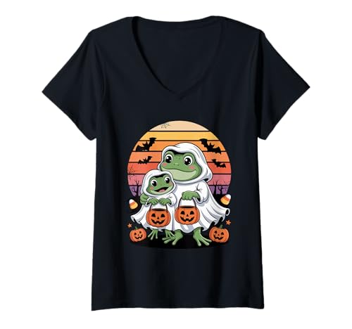 Damen Halloween Frosch Geist Frösche T-Shirt mit V-Ausschnitt Damen Halloween Frosch Geist Frösche T-Shirt mit V-Ausschnitt von Frogs Frog Lover Gifts