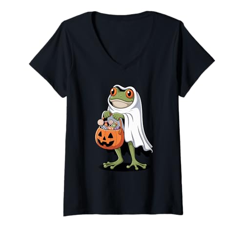 Damen Halloween Frosch Geist Kürbis Süßes Oder Saures Süßigkeiten T-Shirt mit V-Ausschnitt Damen Halloween Frosch Geist Kürbis Süßes Oder Saures Süßigkeiten T-Shirt mit V-Ausschnitt von Frogs Frog Lover Gifts