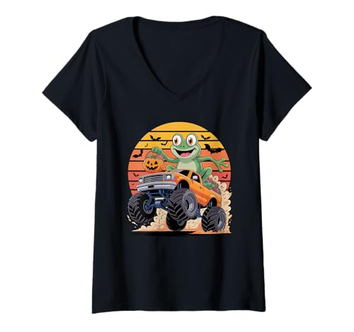 Damen Halloween Monstertruck Frosch Frösche T-Shirt mit V-Ausschnitt Damen Halloween Monstertruck Frosch Frösche T-Shirt mit V-Ausschnitt von Frogs Frog Lover Gifts
