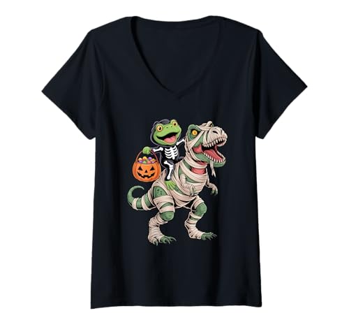 Damen Halloween T-Rex Dinosaurier Frosch Mumie Tyrannosaurus Rex T-Shirt mit V-Ausschnitt Damen Halloween T-Rex Dinosaurier Frosch Mumie Tyrannosaurus Rex T-Shirt mit V-Ausschnitt von Frogs Frog Lover Gifts