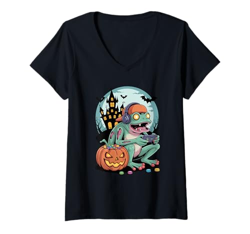 Damen Halloween Zombie Frosch Gamer Verlassenes Schloss Gaming T-Shirt mit V-Ausschnitt Damen Halloween Zombie Frosch Gamer Verlassenes Schloss Gaming T-Shirt mit V-Ausschnitt von Frogs Frog Lover Gifts