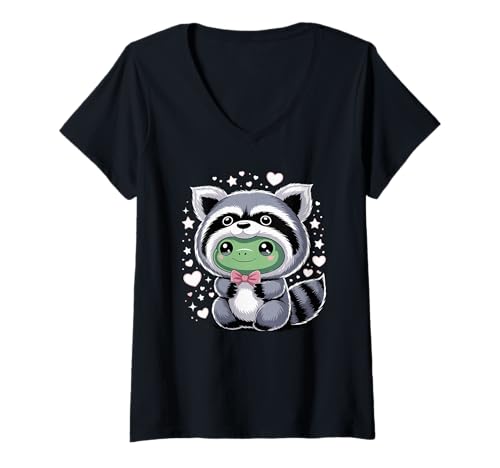 Damen Kawaii Frosch Waschbär Kostüm Kröten Frösche T-Shirt mit V-Ausschnitt Damen Kawaii Frosch Waschbär Kostüm Kröten Frösche T-Shirt mit V-Ausschnitt von Frogs Frog Lover Gifts