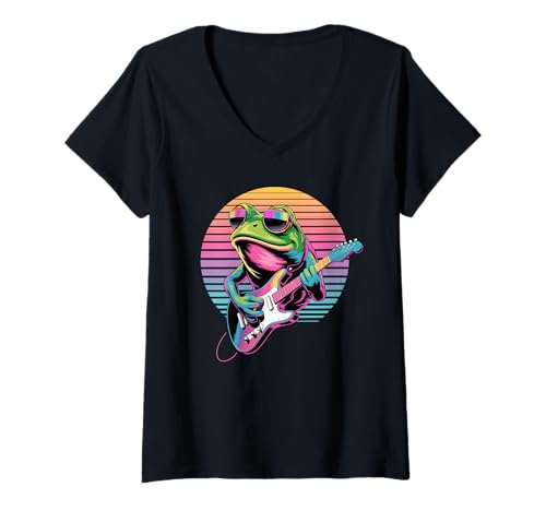 Damen Retro Frosch Gitarrist Frösche Gitarre T-Shirt mit V-Ausschnitt Damen Retro Frosch Gitarrist Frösche Gitarre T-Shirt mit V-Ausschnitt von Frogs Frog Lover Gifts