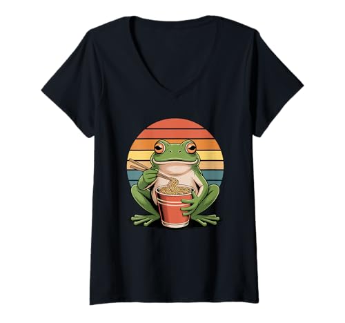 Damen Retro Frosch Instant Cup Nudeln Frösche T-Shirt mit V-Ausschnitt Damen Retro Frosch Instant Cup Nudeln Frösche T-Shirt mit V-Ausschnitt von Frogs Frog Lover Gifts