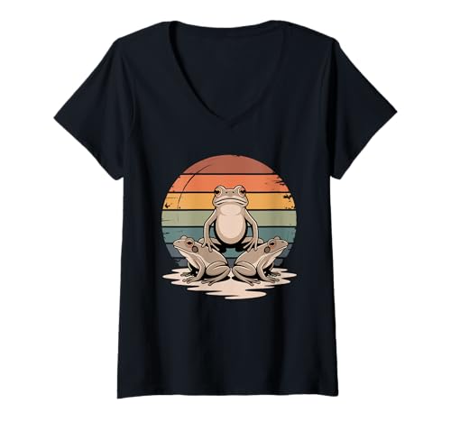 Damen Retro Sonnenuntergang Frosch Silhouette Frösche T-Shirt mit V-Ausschnitt Damen Retro Sonnenuntergang Frosch Silhouette Frösche T-Shirt mit V-Ausschnitt von Frogs Frog Lover Gifts