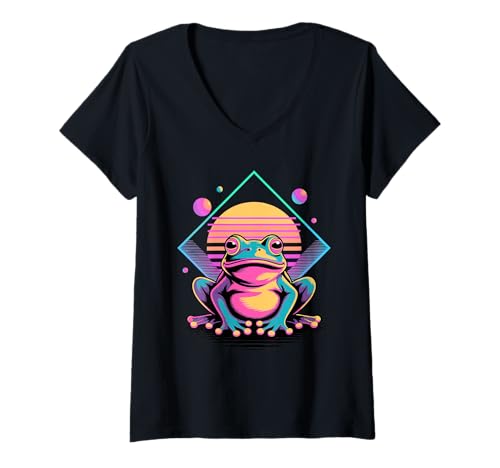 Damen Retro Synthwave Frosch Frösche T-Shirt mit V-Ausschnitt Damen Retro Synthwave Frosch Frösche T-Shirt mit V-Ausschnitt von Frogs Frog Lover Gifts
