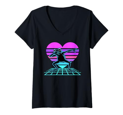 Damen Retrowave Herz Dabender Frosch Frösche T-Shirt mit V-Ausschnitt Damen Retrowave Herz Dabender Frosch Frösche T-Shirt mit V-Ausschnitt von Frogs Frog Lover Gifts