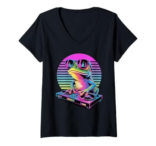 Damen Synthwave Frosch DJ Sonnenbrille Frösche T-Shirt mit V-Ausschnitt Damen Synthwave Frosch DJ Sonnenbrille Frösche T-Shirt mit V-Ausschnitt von Frogs Frog Lover Gifts