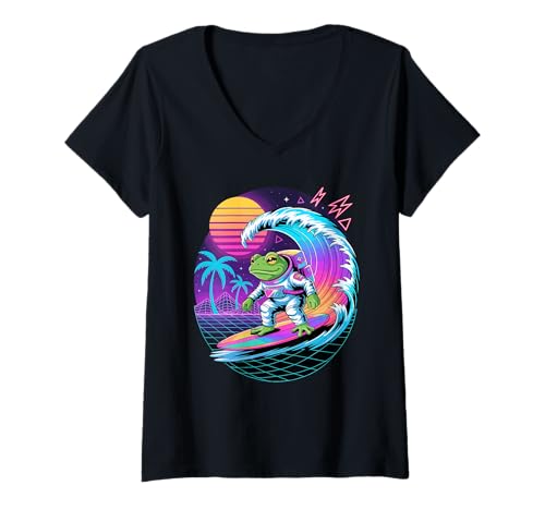 Damen Synthwave Surfer Frosch Astronaut Frösche T-Shirt mit V-Ausschnitt von Frogs Frog Lover Gifts