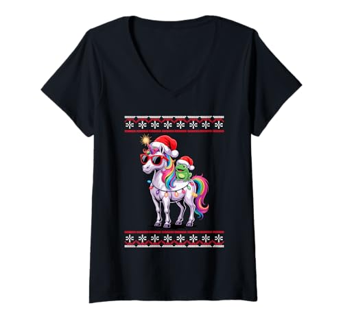 Damen Weihnachten Frosch Einhorn Sonnenbrille Frösche T-Shirt mit V-Ausschnitt Damen Weihnachten Frosch Einhorn Sonnenbrille Frösche T-Shirt mit V-Ausschnitt von Frogs Frog Lover Gifts