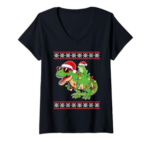 Damen Weihnachten Frosch T-Rex Dinosaurier Tyrannosaurus Frösche T-Shirt mit V-Ausschnitt Damen Weihnachten Frosch T-Rex Dinosaurier Tyrannosaurus Frösche T-Shirt mit V-Ausschnitt von Frogs Frog Lover Gifts