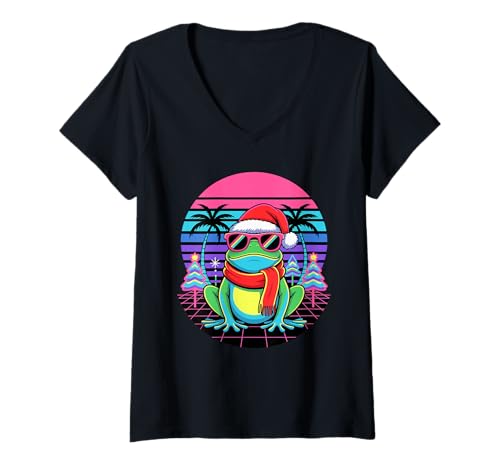 Damen Weihnachten Synthwave Frosch Sonnenbrille Frösche T-Shirt mit V-Ausschnitt Damen Weihnachten Synthwave Frosch Sonnenbrille Frösche T-Shirt mit V-Ausschnitt von Frogs Frog Lover Gifts