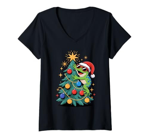 Damen Weihnachtsbaum Frosch Sonnenbrille Frösche T-Shirt mit V-Ausschnitt Damen Weihnachtsbaum Frosch Sonnenbrille Frösche T-Shirt mit V-Ausschnitt von Frogs Frog Lover Gifts