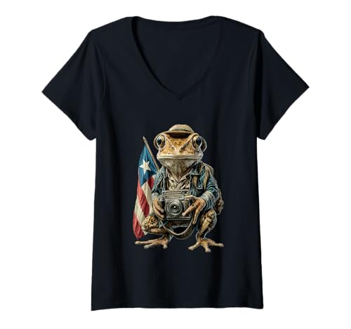 Damen Puerto Rican Coqui Frosch mit Flagge und Kamera Taino Boricua T-Shirt mit V-Ausschnitt von Frogs Puerto Rican Flag For Month Boricua Heritage