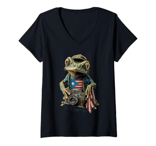 Damen Puerto Rican Coqui Frosch mit Flagge und Kamera Taino Boricua T-Shirt mit V-Ausschnitt Damen Puerto Rican Coqui Frosch mit Flagge und Kamera Taino Boricua T-Shirt mit V-Ausschnitt von Frogs Puerto Rican Flag For Month Boricua Heritage