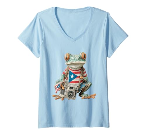 Damen Puerto Rican Coqui Frosch mit Flagge und Kamera Taino Boricua T-Shirt mit V-Ausschnitt von Frogs Puerto Rican Flag For Month Boricua Heritage