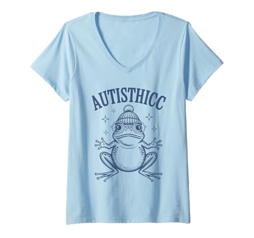 Damen Autisthicc Meme Frosch in Beanie Quirky Neurodivergent Pride T-Shirt mit V-Ausschnitt von Frogtastic
