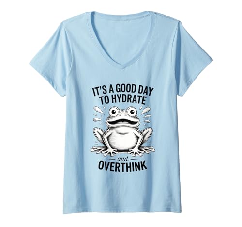 Damen Good Day to Hydrate and Overthink Frosch Water Splash Funny T-Shirt mit V-Ausschnitt von Frogtastic