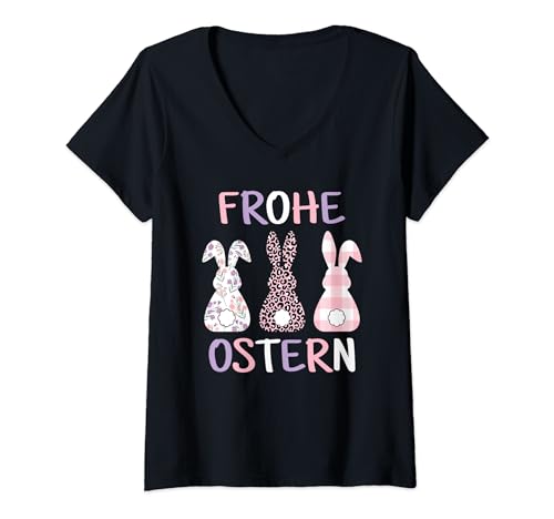 Damen Frohe Ostern Osterhasen Oster Hase Kaninchen Easter Bunny T-Shirt mit V-Ausschnitt von Frohe Ostern Kleidung Damen Mädchen Kinder