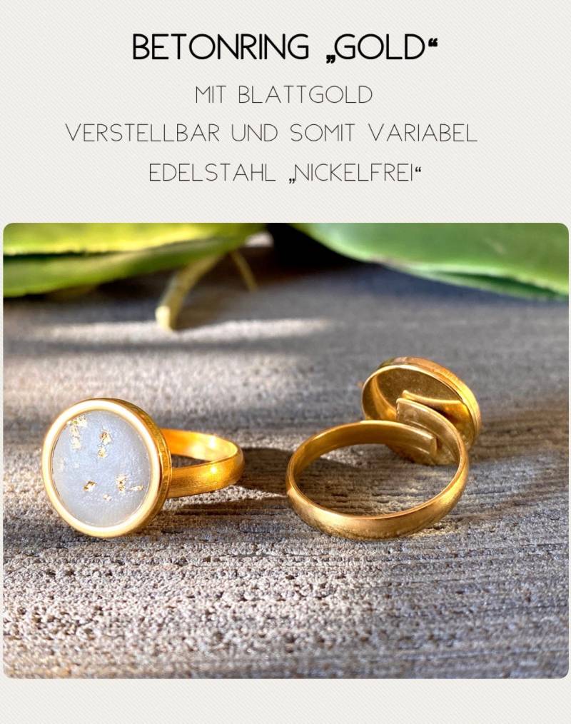 Beton Ring Edelstahl Mit 24 Karat Blattgold Größenverstellbar, Betonschmuck, Valentinstag Geschenk Freundin von FroileinJolanda