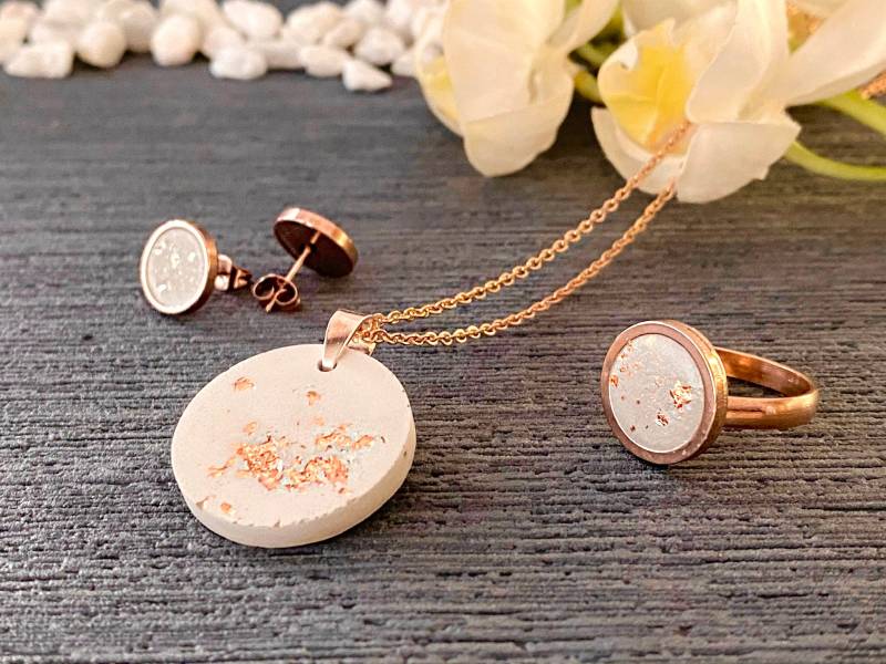 Beton Schmuck Rosegold Edelstahl Mit Blattgold, Kette & Ohrringe Und Ring I Geschenke Für Die Freundin von FroileinJolanda