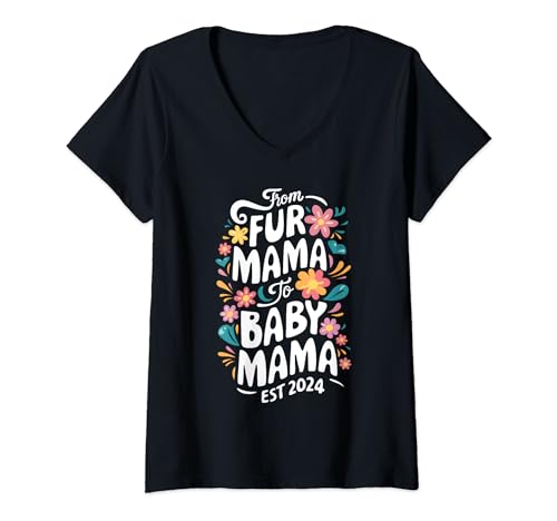 Damen From Fur Mama to Baby Mama Est 2024 Hundebesitzer Mama Schwanger T-Shirt mit V-Ausschnitt von From Fur Mama To Baby Mom Tees