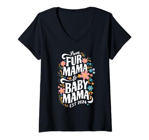 Damen From Fur Mama to Baby Mama Est 2024 Katzenbesitzer Mama Schwanger T-Shirt mit V-Ausschnitt von From Fur Mama To Baby Mom Tees