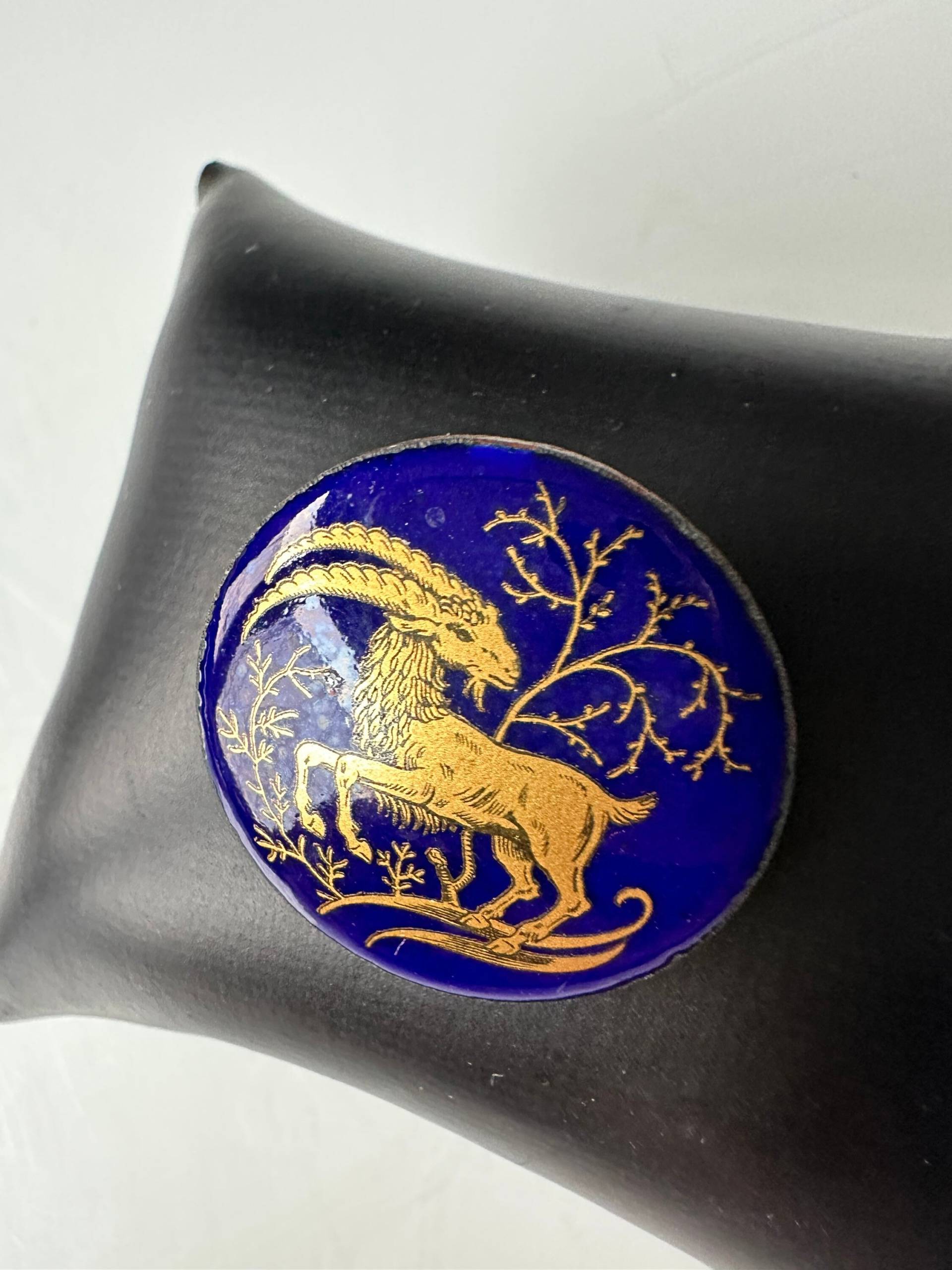 Alte Kupfer Brosche Emaille Malerei Steinbock Sternzeichen von FromyesterdaySchatze