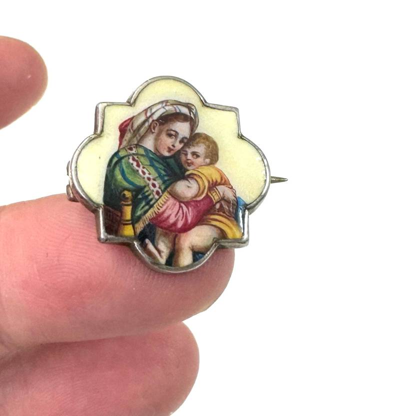 Antike Lupenmalerei Echt Silber Brosche - Maria Und Das Jesuskind von FromyesterdaySchatze