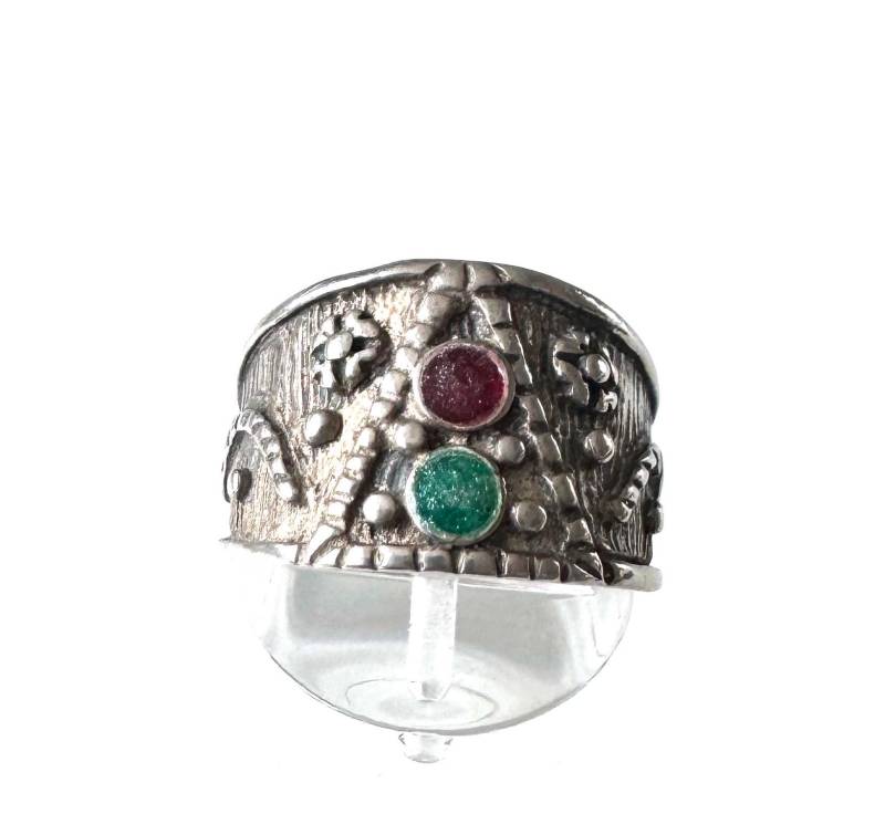 Besonderer 925 Silber Ring Mit Grünem Und Rotem Emaille Besatz, Größe 57 von FromyesterdaySchatze