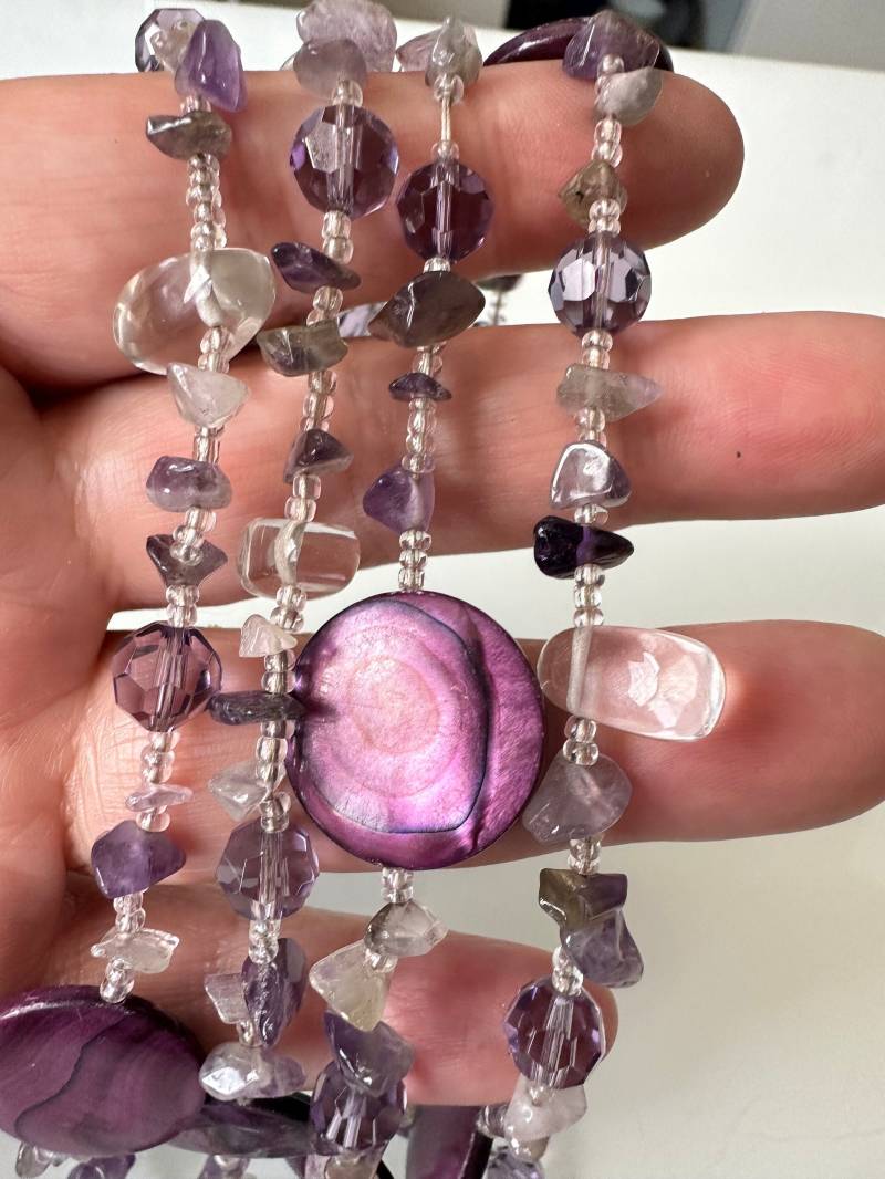 Vintage Amethyst Bergkristall Halskette Lang Mit Gefärbertem Perlmutt Zum Herrichten von FromyesterdaySchatze