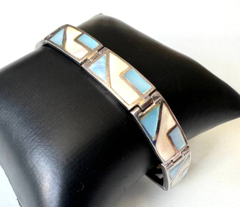Vintage Designer Gko Armband 925 Silber Mit Weißem Und Blauem Perlmutt von FromyesterdaySchatze