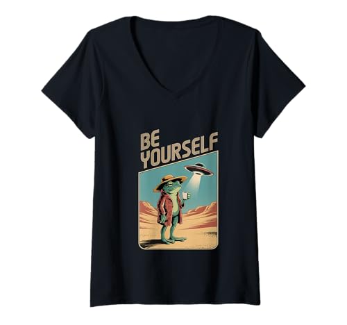 Damen Be Yourself – Lustiger Frosch mit UFO im Retro-Stil T-Shirt mit V-Ausschnitt Damen Be Yourself – Lustiger Frosch mit UFO im Retro-Stil T-Shirt mit V-Ausschnitt von Frosch Alien Wüste Retro Humor Schräge Kunst Nerd