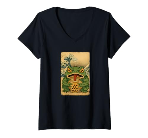 Damen Frosch drinkt Bubble Tea Japanisches Vintage T-Shirt mit V-Ausschnitt von Frosch Bubble Tea Retro Kawaii Shop