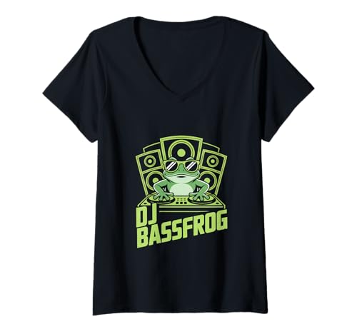 Damen DJ Bassfrog Frosch DJ Musik Bass Rave Party T-Shirt mit V-Ausschnitt Damen DJ Bassfrog Frosch DJ Musik Bass Rave Party T-Shirt mit V-Ausschnitt von Frosch DJ Bass Musik Rave Techno Club EDM