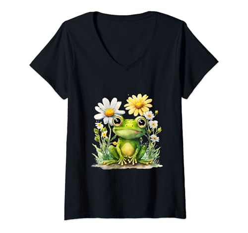 Damen Frosch, Grüner Frosch mit Blumen, Frösche Outfit, Frosch T-Shirt mit V-Ausschnitt Damen Frosch, Grüner Frosch mit Blumen, Frösche Outfit, Frosch T-Shirt mit V-Ausschnitt von Frosch Deko, Frosch Kostüm, Frosch Geschenke Damen