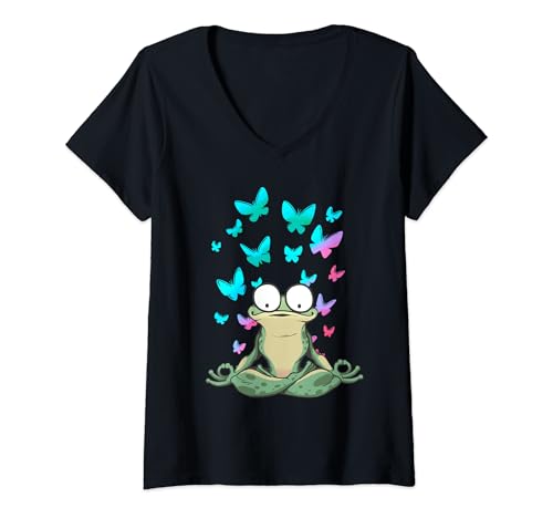 Damen Frühling Frosch Frösche Meditation meditieren Schmetterlinge T-Shirt mit V-Ausschnitt von Frosch Frösche Kröte