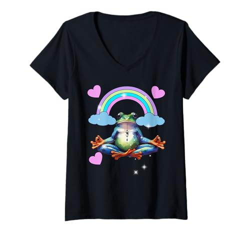 Damen Meditation meditieren Frosch Frösche chillen OM Kröte T-Shirt mit V-Ausschnitt von Frosch Frösche Kröte