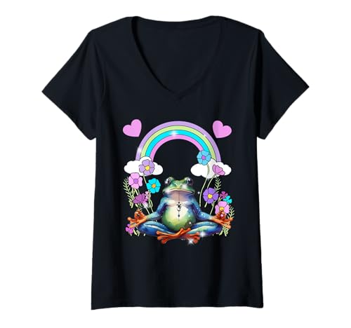 Damen Meditieren Joga Retro 60er Frosch Frösche Regenbogen OM T-Shirt mit V-Ausschnitt Damen Meditieren Joga Retro 60er Frosch Frösche Regenbogen OM T-Shirt mit V-Ausschnitt von Frosch Frösche Kröte