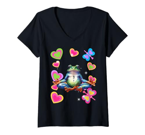 Damen Retro 60er Frosch Frösche Meditation meditieren OM Yogi T-Shirt mit V-Ausschnitt von Frosch Frösche Kröte