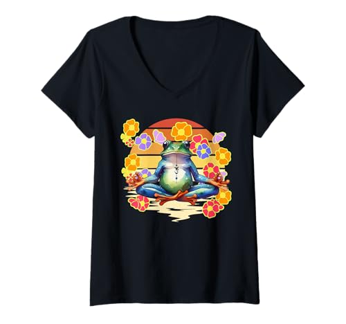 Damen Retro Frosch Frösche 60er Blumen OM Meditation T-Shirt mit V-Ausschnitt Damen Retro Frosch Frösche 60er Blumen OM Meditation T-Shirt mit V-Ausschnitt von Frosch Frösche Kröte
